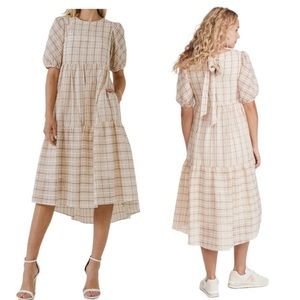 English Factory Plaid Puff Sleeve Midi Dress with Pockets Lined Oversized
